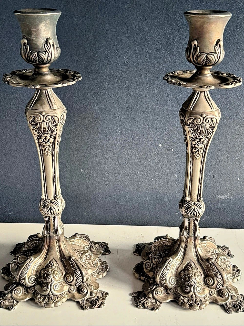 Ornate Silver-Tone Candlestick Holders Set of 2